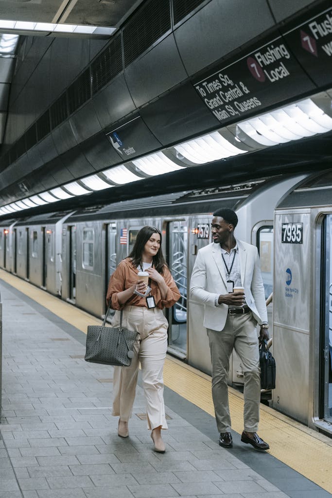 Language learning. Two business professionals conversing while walking in a subway station with coffee cups.